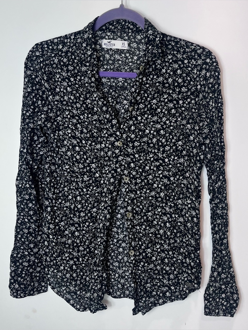 Hollister Black Floral Button-Up Blouse Sheer Long Sleeve XS Boho